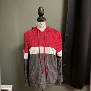 Amazon Women's Red, White, and Gray V-Neck Sweater With Hood